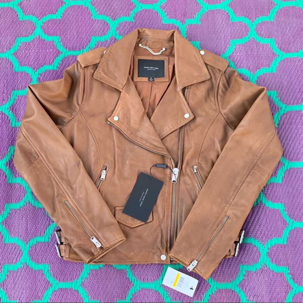 Andrew Marc Wesley Washed Brown Tan Real Leather Moto Jacket Marc New York